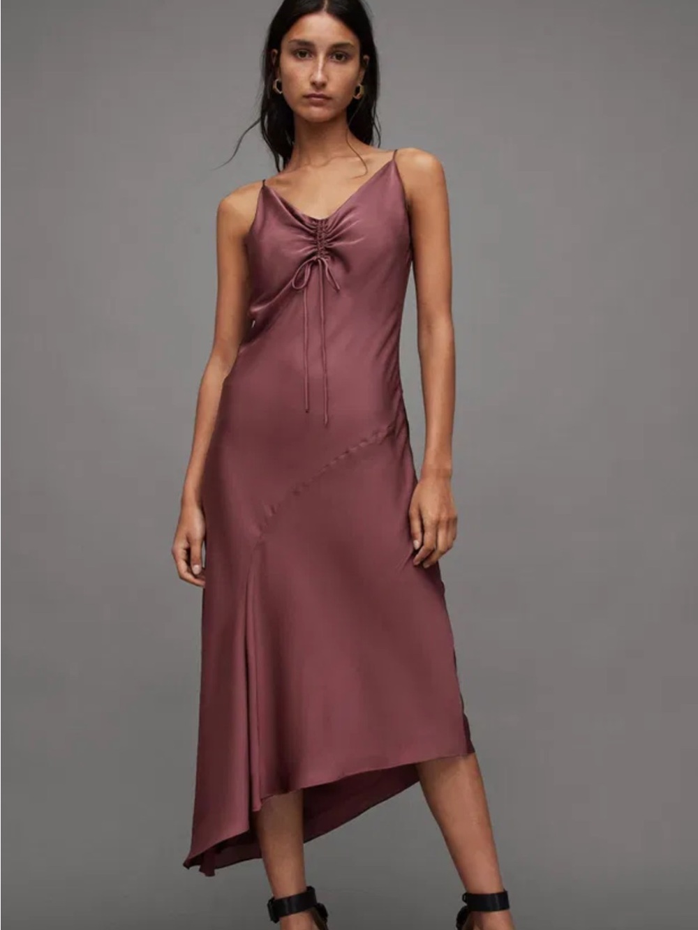 AllSaints Alexia V-Neck Drawstring Midi Slip Dress woman’s 10